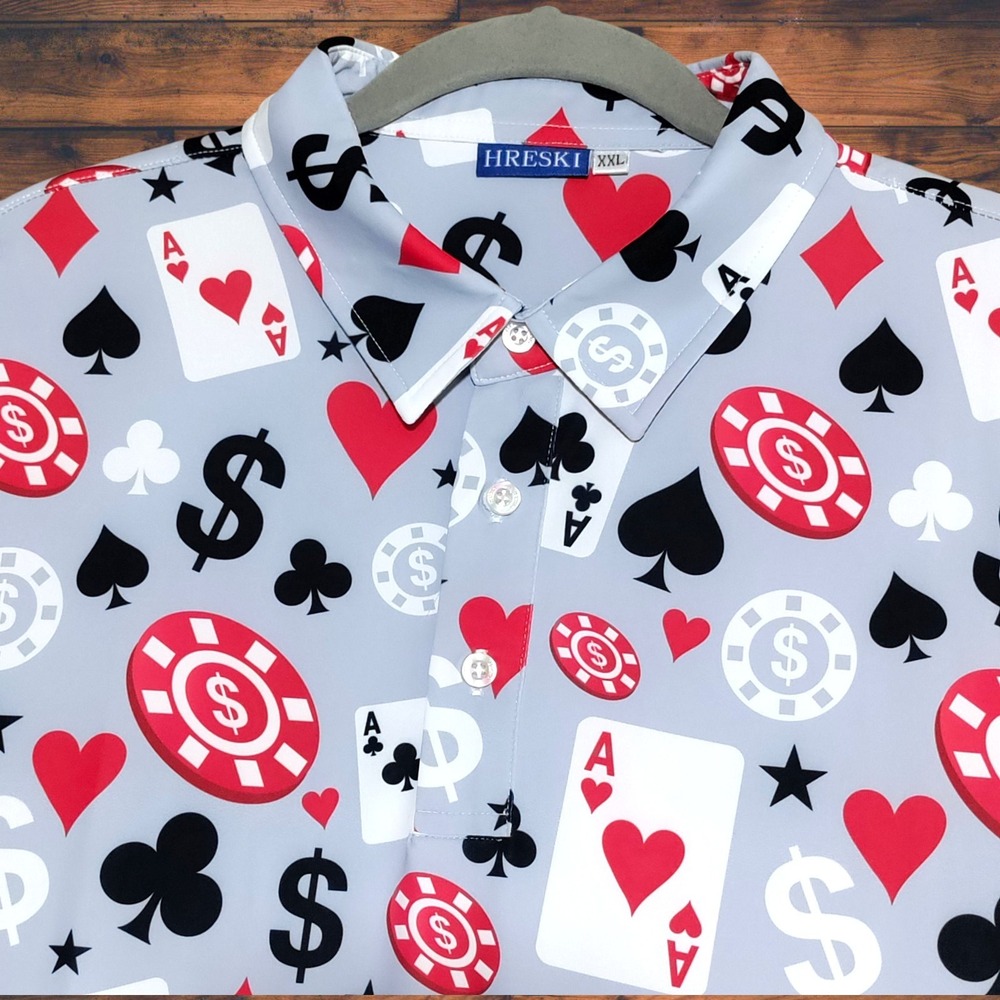 Hreski Golf Polo Shirt Men's XXL Poker Black Jack Vegas Performance Stretch NWOT